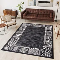 Koberec obývacia izba spálňa krátky vlas moderný dizajn sivá čierna krémová Afrika jaguár zebra zvierací motív škvrnitý okraj ÖKOTEX 140 x 200 cm