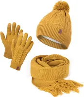 Damen Mütze Schal Winter Set | Gefütterte Strickmütze mit Bommel | Winterschal mit Fransen | Touchscreen Handschuhe Senfgelb