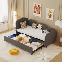 MODFU Kinderbett Polsterbett 90x200cm mit Ausziehbett，  Jugendbett Schlafsofa  90x190cm und Lattenrost, Samt gepolstert Daybed , Grau(Ohne Matratze)