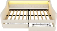 Daybett 90x200cm Schlafsofa (ohne Matratze) Leinen Beige Tagesbett Polsterbett Ambientelicht Mit Fernbedienung Mit USB-Ladebuchse und zwei Schubladen