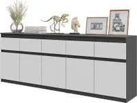 FURNICA - NOAH - Komoda s 5 zásuvkami a 5 dvířky - Komoda do ložnice Úložná skříňka Příborník - antracit / bílý mat V75cm Š200cm D35cm