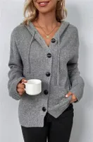 ASKSA Damen Langarm Grobstrickjacke Kordelzug Kurz Strickjacke Herbst Winter Strickmantel mit Kapuze, Grau, M