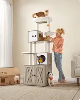 Feandrea Kratzbaum, mit Katzenklo-Schrank, 185cm, Kratzsäule, waschbares Kissen, Greige