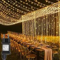 300 LED kurtyna świetlna wewnętrzna zewnętrzna ciepła biel, 3x3m kurtyna świetlna 10 pasm, 8 trybów z timerem, świąteczna dekoracja balkonu na imprezę weselną