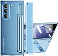 Pouzdro pro Samsung Galaxy Z Fold 5, Galvanizované PC Pouzdro s Držákem na Pero a Stojánkem, Ochranné Pouzdro s Ochranným Sklem modrá