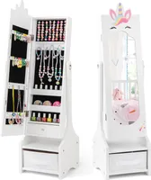 COSTWAY 2in1 Kinder Schmuckschrank, Spiegelschrank neigbar mit Ganzkörperspiegel, Schublade & Aufbewahrunskorb Einhorn 31,5x30x115cm Weiß