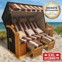 BRAST Strandkorb Usedom 3-Sitzer XXL für 2-3 Personen   165cm breit   inkl. wetterfeste Abdeckhaube   verstellbare Rückenlehne Fußkissen   Rot/Grün/Beige - kariert