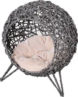 PawHut ratanový domček pre mačky s vankúšmi Priestor na spanie pre mačky Mačacia jaskyňa s vyvýšenými nohami Strieborná sivá Ø52 x 58 cm