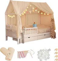 HOME DELUXE - Kinderbett Deko Set VELINDO - Farbe: Creme, inkl. Wimpelkette, Vorhang und LED Lichterkette I Kinderbett Deko, Kinderzimmer Dekoration