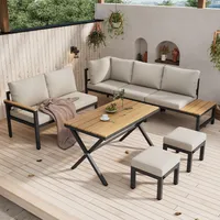 Odikalo Garten-Essgruppe Gartenlounge-Set Gartenmöbel Ecksofa 2 Hockern Couchtisch Ablagen Grau