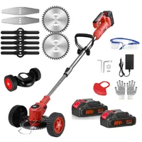 Akku-Rasentrimmer, Elektrischer Rasenschneider mit 2 Batterie und Ladegerät, 90° Trimmwinkel, Teleskop-Stiel & Zusatzhandgriff,mit Rädern,Rot