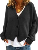ASKSA Damen Strickpulli Lose Lässige Strickjacken V-Ausschnitt Einfarbig Knopf Strickjacke Pullover, Schwarz, 3XL