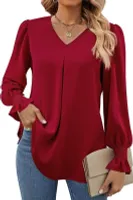 ASKSA Damen Bluse V-Ausschnitt Chiffon Plissee Laternenaermel Langarm Elegant Einfarbig Casual Locker Oberteile (Weinrot,S)