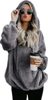 ASKSA Damen Pullover Langarm Winter Hoodie Warm Teddy Fleece Oversize Kapuzenpullover Oberteile Tops, Dunkelgrau, XL