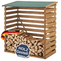 DELUKE® Kaminholzregal Außen NATUR - 123x116x64cm, Bitumen Dach| Holzunterstand für Brennholz außen Unterstand für Kaminholz Brennholzregal Feuerholzregal | Braun