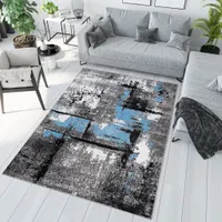 Teppich Wohnzimmer Schlafzimmer Kurzflor Modern Design Streifen Grau Creme Schwarz Blau Meliert Splash  160 x 230 cm