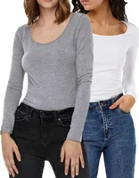 Vero Moda Doppelpack Damen Langarmshirts Basic Slim-Fit Shirt unifarben Rundhals Ausschnitt, VM 908 LS 1xGrau1xWeiss-XL