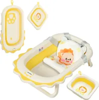 AIYAPLAY 3er -Set Babybadewanne, faltbar Baby Bathtub mit Löwenmustern, rutschfest Babywanne mit Badekissen, Badebecken, Duschwanne für Kleinkinder 0-3 Jahre, Gelb
