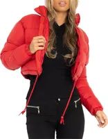 ASKSA Damen Puffer Jacke Kurz Stehkragen Gesteppte Cropped Dicke Winterjacke Outdoor, Rot, M