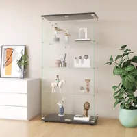 Zweitüriger Glasvitrinen-Schrank mit 4 Türen und Regalen, Bodenständiger Vitrinen-Schrank für Bücher und Kuriositäten, geeignet für Wohnzimmer, Schlafzimmer und Büro, 64,7" * 31,7" * 14,3", Schwarz