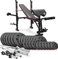 Posilňovacia súprava Hop-sport Premium 135 kg s lavičkou a modlitebnou knižkou | Cementové kotúče | Posilňovacie lavičky