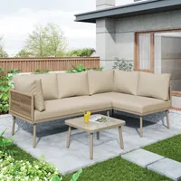 Merax Gartenlounge-Set 3-tlg. Sitzgruppe mit Tisch und Sofa, Polyrattan Gartenmöbel Set mit Eisenrahmen und Kissen, Balkonmöbel für 3-4 personen