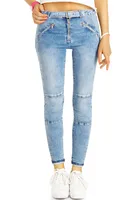 BE STYLED Skinny Damen Röhrenjeans mit Gürtel enge Slim Stretch Fit in Vintage Used Hellblau, 40 / L