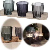 LS-LebenStil Holz Kerzentablett geflammt 23cm Set Blau Grau mit 3 Teelichtgläser Deko Tablett