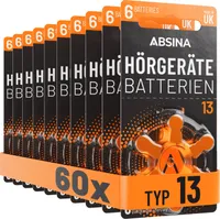 ABSINA 60x Hörgerätebatterien 13 mit gut greifbarer Schutzfolie - Hörgeräte Batterien PR48 ZL2 P13 Zink Luft 1,45V