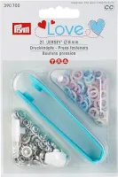 Stiskací knoflíky + narážeč Jersey, Prym Love, 8 mm, 21 ks, světle růžové/světle modré/perleťové