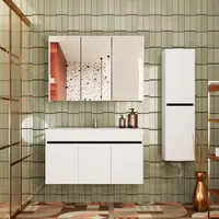 KAREN banyo Badmöbel Set Venus 100 Weiß | Keramikwaschbecken | Unterschrank | Spiegelschrank | Softclose-Türen & unsichtbare Griffe | Futuristischer Stil | Badezimmermöbel Waschtischunterschrank