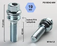Kolový šroub M14x1,5x42 koule R14 pohyblivá, klíč 19, PS19D42R14-MW ; výška 71,5