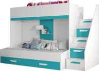 Etagenbett für Kinder Party 16 Stockbett mit Treppe und Bettkasten (Weiß + Türkis Glanz)
