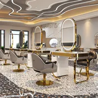 360Home Frisiertisch mit LED Spiegel Stylingstation Bedienplatz Friseursalon Schrank mit Schubladen Frisierplatz mit Edelstahlrahmen gold D-2-Sitzer