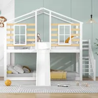 Merax Etagenbett 90x200cm mit Treppe und Rutsche, Kinderbett mit Rausfallschutz, Stockbett mit Gitter und Fenster, Massivholzbett Jugendbett, Weiß