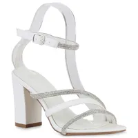 VAN HILL Damen Riemchensandaletten Sandaletten Blockabsatz Party Strass Schuhe 840154, Farbe: Weiß, Größe: 36