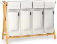 AdelDream Wäschekorb 4 Fächer,200 L,Bambus Wäschesammler Wäsche Sortiersystem X-förmige Wäschebox Hellgrau