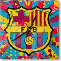 DEQORI Glasuhr 30x30 cm Zahlen 'Wappen FC Barcelona' Wanduhr Glas Uhr Design leise Küchenuhr