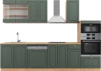Vicco Küchenzeile Fame-Line, 300 cm mit Hochschrank, ohne Arbeitsplatte, Grün-Gold Landhaus/Goldkraft Eiche