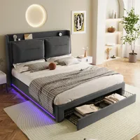 okwish Boxspringbett Polsterbett 160 x 200 cm mit verstellbares Kopfteil und LED-Lichtleisten, Hydraulisches Stauraumbett mit 2-in-1 Schubladen und großer Bettkasten(Ohne Matratze)-Grau