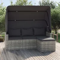 vidaXL Zahradní pohovka pro 3 osoby se stříškou a podnožkou Grey Poly Rattan