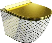 LAVITA Wand-WC Sofi Slim Checked Gold | HŠnge Toilette | Toilettendeckel mit Absenkautomatik & Metallscharniere | Toiletten SpŸlrandlos HŠngend | Toilettenbecken | 365x490x395 cm | Gold/Wei§