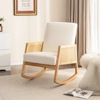 Schaukelstuhl, Schaukelsessel mit Rattan-Armlehnen, Schwingsessel mit Holzgestell Stoppern Filzgleitern, bis 150 kg belastbar, Schwingstuhl für Wohnzimmer Schlafzimmer, 82x65,5x95,5 cm