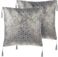 BELIANI Sada 2 dekoratívnych vankúšov strieborný žakárový vzor kocky 45 x 45 cm s geometrickou potlačou a strapcami