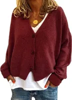 ASKSA Damen Strickpulli Lose Lässige Strickjacken V-Ausschnitt Einfarbig Knopf Strickjacke Pullover, Wein Rot, S