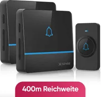 X-Sense Funk-Türklingel mit 2 Empfängers -  Schwarz - Reichweite 400 Meter - Wasserdicht - Batteriefrei - 52 Melodien
