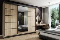 Schiebetürenschrank AMO 250x200, Kleiderschrank, 3-türig, mit Spiegel - Sonoma Eiche (Korpus, Tür) + Schwarz (Lamellen und Leisten)