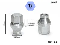 Kolová matice M12x1,5 kužel s krčkem 15,7 zavřená, klíč 19, D40F, výška 34 mm, délka krčku 6 mm
