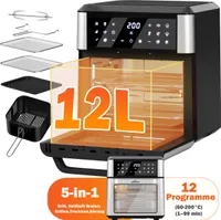 Heißluftfritteuse XXL Airfryer 12L Heissluft Fritteuse Minibackofen mit Sichtfenster 1800W, 12 Programmen, Touch-Bedienung, 60 Min Timer