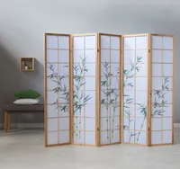 Homestyle4u 266, Paravent Raumteiler 5 teilig, Holz Natur, Reispapier Weiß, Bambus Motiv Grün